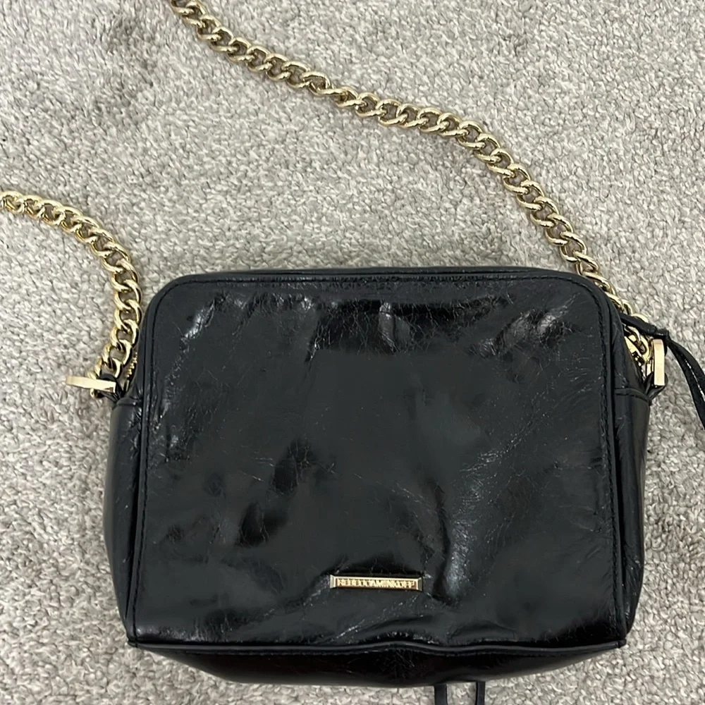 New Rebecca Minkoff Black Leather Gold Tone Chain Crossbody Bag